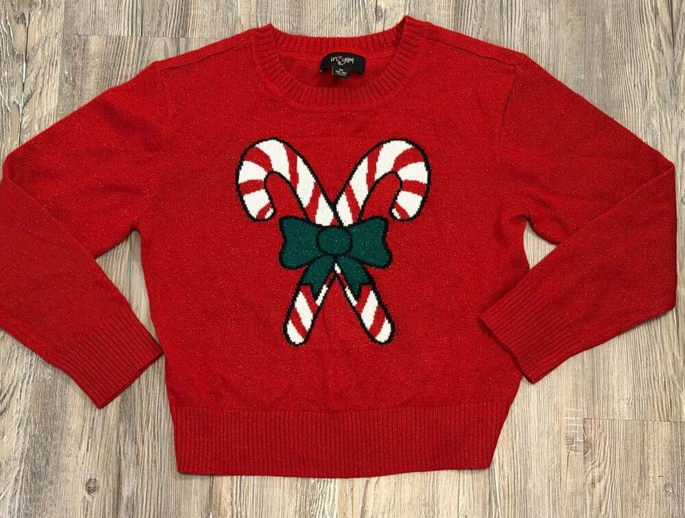 In*Girl Christmas Sweater Size M 10-12 Red Candy Cane Bow